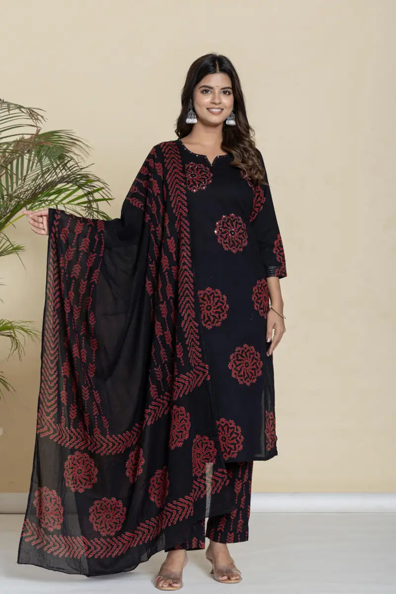 Handblock Print Sequins Cotton Dress - AZZLIAS WARDROBE